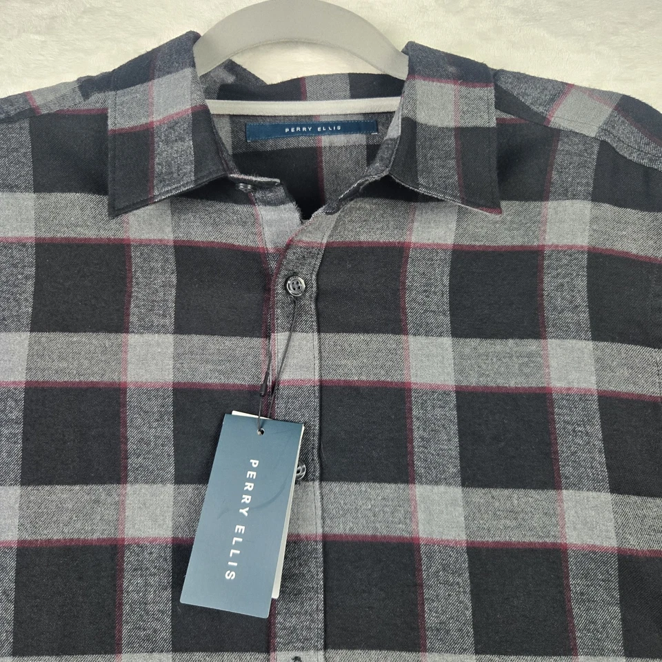 NWT Perry Ellis Mens Black Gray Red Plaid Shirt Sz Medium Button Up Long Sleeve - Image 3 of 4