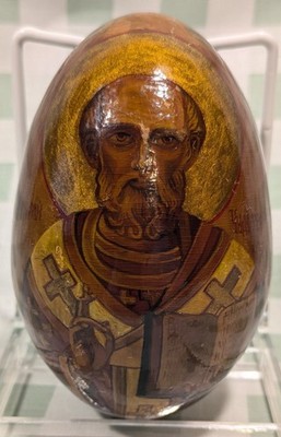 Orthodox St. Nicholas Easter Egg - Unique-  Russian Wooden - Handmade 4.5'' X 3''