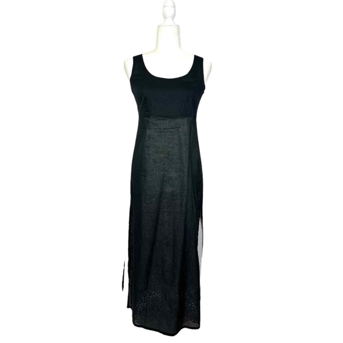 Garnet Hill Cotton Midi Dress Size 6 Petite Black White Eyelet Minimalist