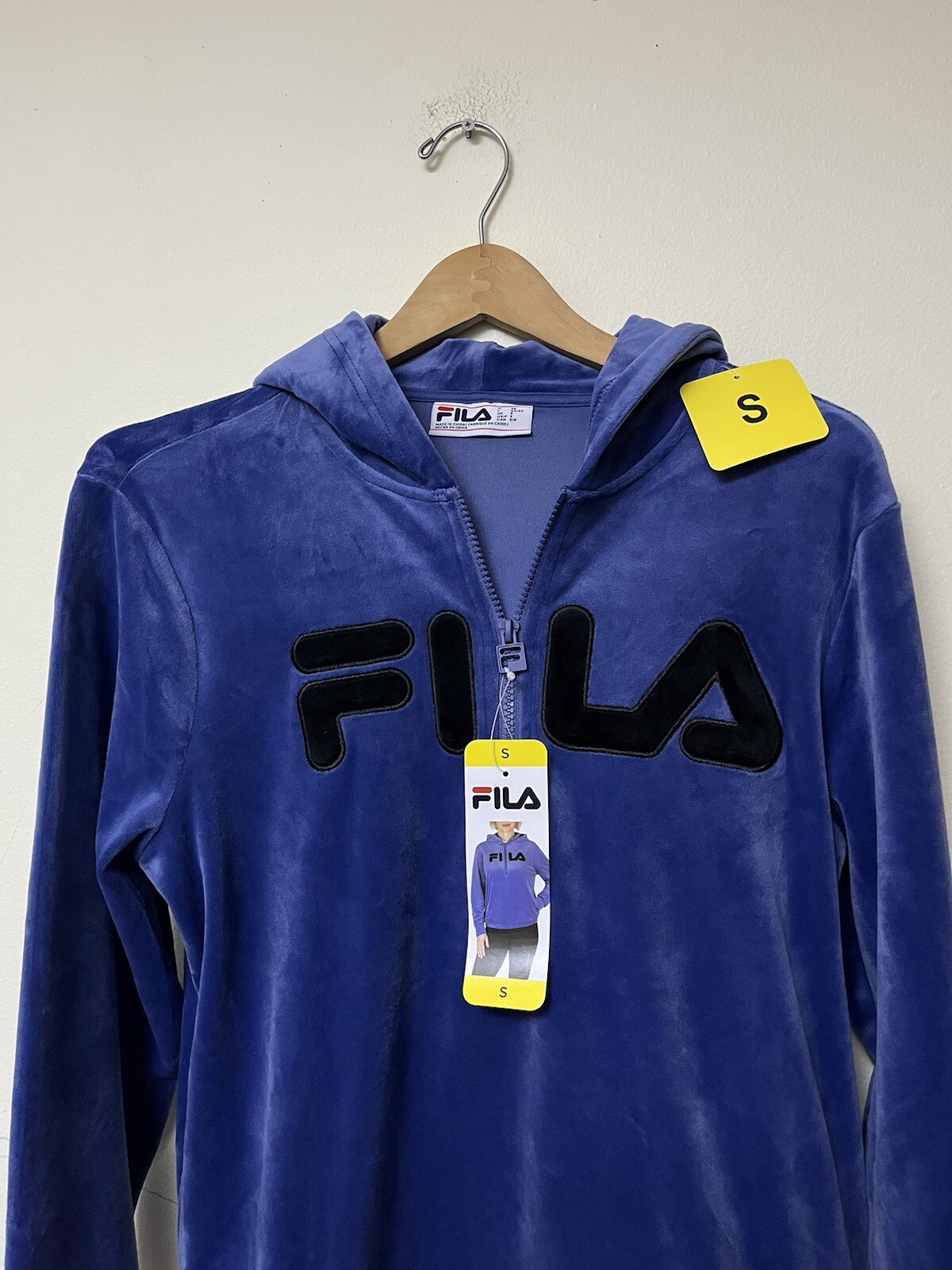 Felpa con cappuccio Fila velluto donna taglia small blu quarto cerniera