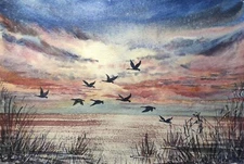 Original Painting Landscape DUCKS FLYING Modern Artwork GEESE FLYING Art Gift A4