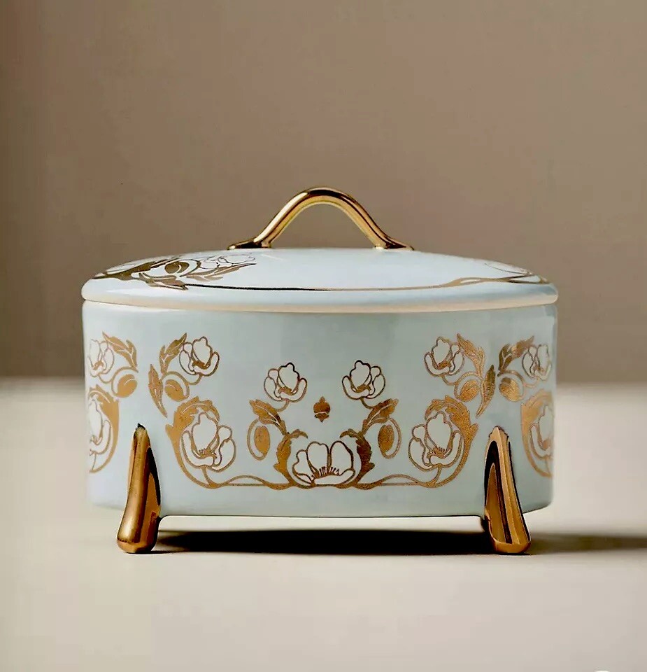Anthropologie 炻器小物入れ(蓋付き)トレイ 3個 グレー色デザイン NEW ANTHROPOLOGIE X THE MET TRINKET BOX WT LID CLASSIC FLORAL