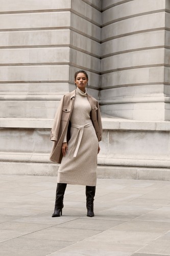 Reiss Kara knit DRESS rib oatmeal polo neck wool cashmere +belt luxe L £188 bnwt - Picture 4 of 14