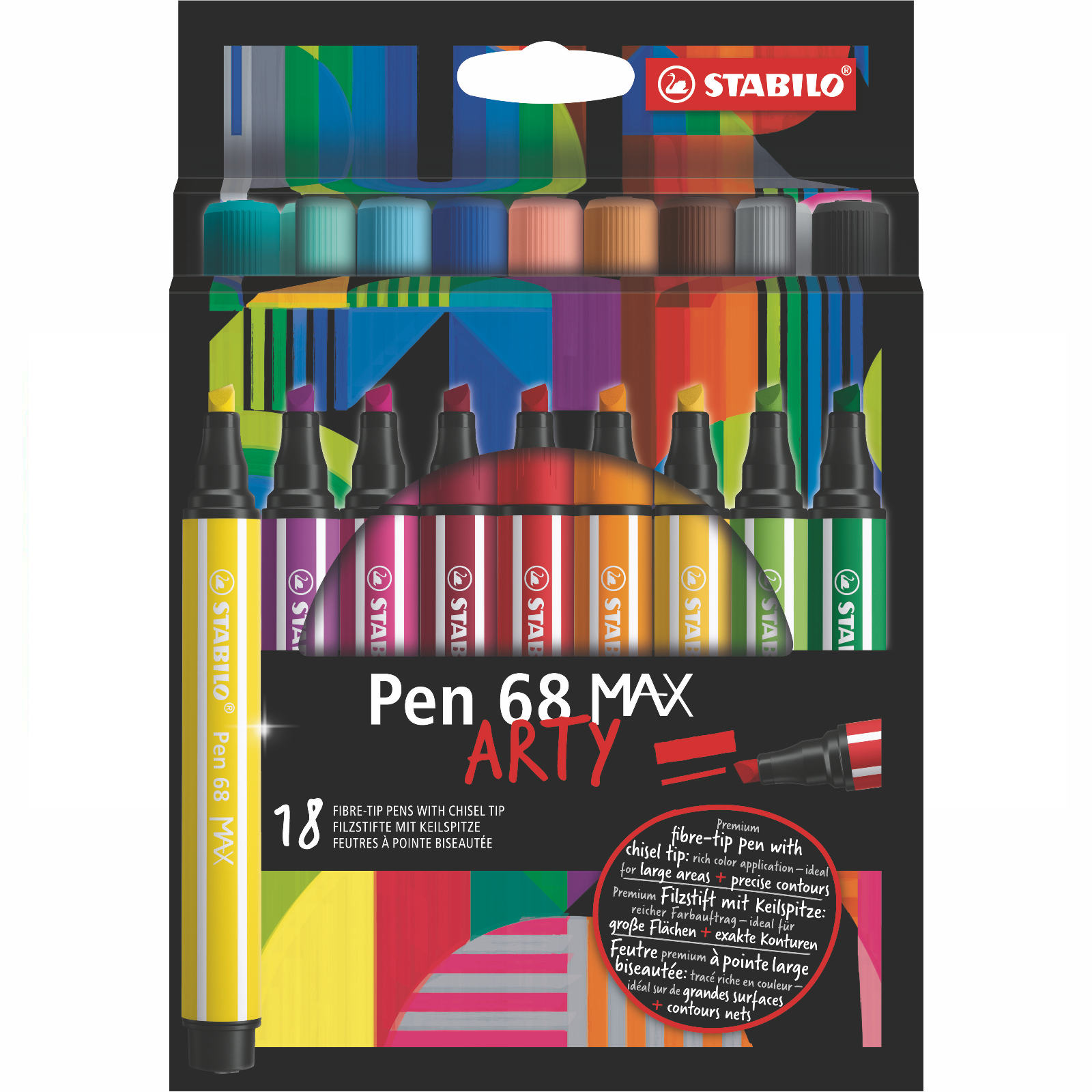 Premium Fibre-Tip Pen with Chisel Tip - STABILO Pen 68 MAX - ARTY - Pack of 18
