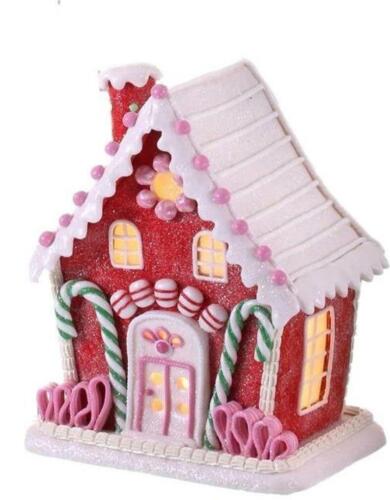 9.5" Red Gingerbread Cookie Candy Christmas Village House with Light Timer - Picture 1 of 1