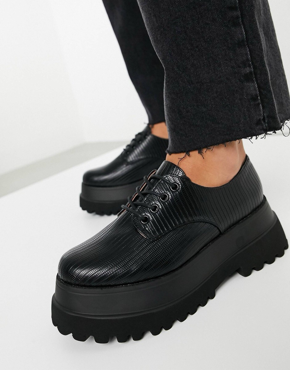 ASOS DESIGN Marcy chunky lace up flat shoes in black lizard