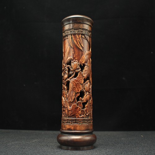 Collect old wood carved lotus and fish statue figure netsuke incense burner tube - Picture 5 of 9