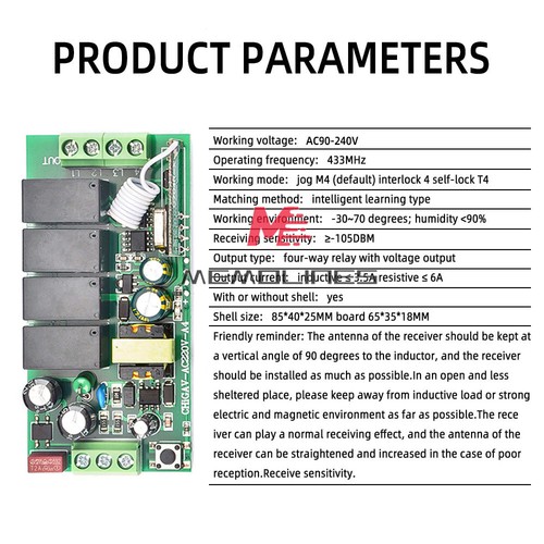 443MHz AC220V 4-Way Channel Wireless RF Remote Control Relay Switch W/ Receiver - Picture 4 of 11