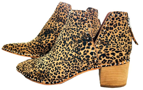 Dolce Vita Women 9 Leopard Suede Bo Pointed Toe Silver Studded Booties 2" Heel