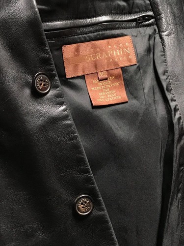 Seraphin France Black Leather w/ Fleece Lining 3/4 Length Overcoat 50/Large - Picture 5 of 11