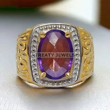 Amethyst Oval Cut With 925 Sterling Silver  Gold Plated Ring For Men's #101 *