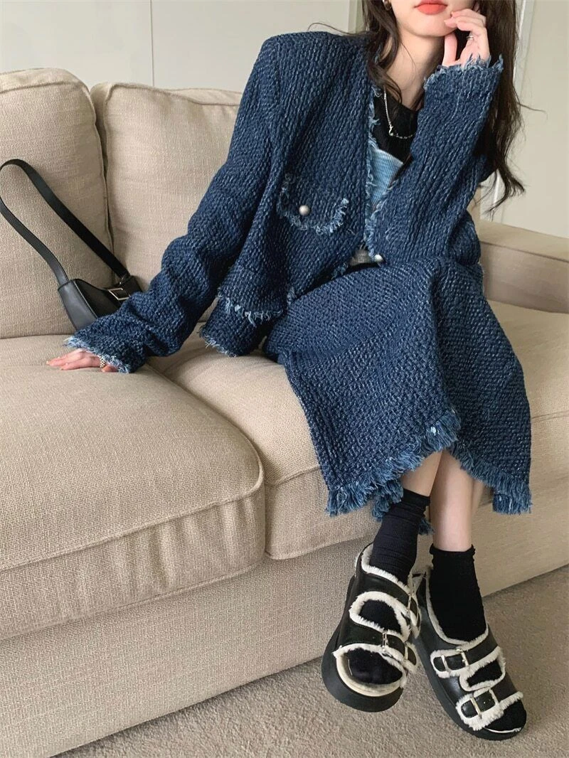 Spring Tassel Two Piece Set Women Folds V-neck Jacket Long Skirt