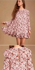 FREE PEOPLE These Dreams Red Floral Print Pleated Long Sleeve Mini Dress Size M
