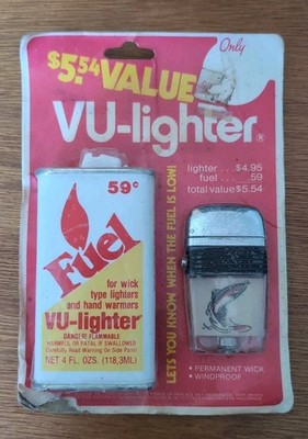 VINTAGE IN PACKAGE SCRIPTO VU JUMPING TROUT FISH BLACK BAND LIGHTER   