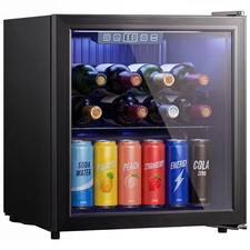 50L Drinks Fridge 48 Can Beer Cooler Under Counter LED Glass Door Black