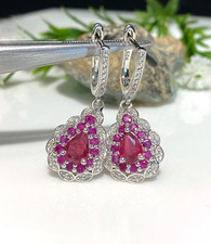 2.60Ct Pear Cut lab Created Pink Ruby Double Halo Earrings 14K White Gold Plated