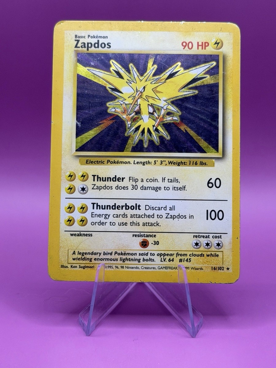 1999 サンダー　Base Set ARS8 英語版 Zapdos 1999 Pokemon Base Set Zapdos 16/102 Holo Rare WOTC Vintage HP DMG