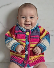 Hand Knitted Baby Cardigan in Colourful Chunky Wool to fit 6-12 Months Approx