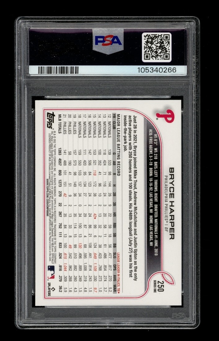 2022 Topps SP: #250 Bryce Harper PSA 10 GEM MINT view 2