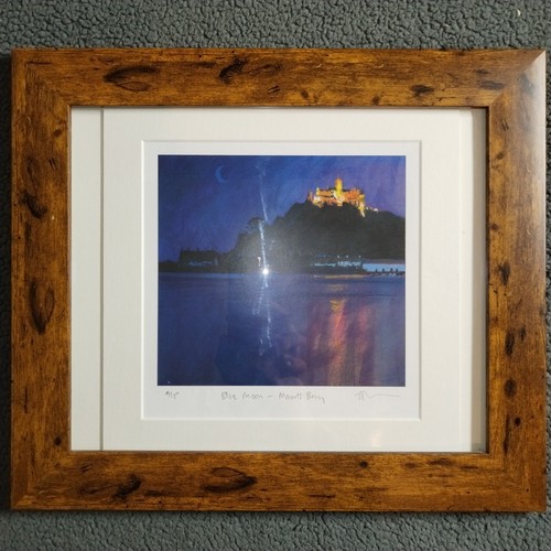 Glyn Macey Blue Moon Mounts Bay Original Print Mixed Media Artist Proof Signed