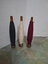 3 Vintage Wooden Spools Textile Mill Thread Bobbins Spindles w/Yarn