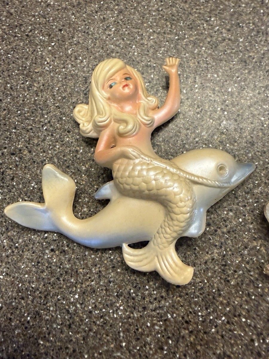 VTG MERMAID ON DOLPHIN WALL PLAQUE SET HONG KONG 1950s MCM LEFTON