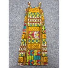Vintage Indanthren Maxi Dress Geometric Botanical Print Mustard Teal Sleeveless