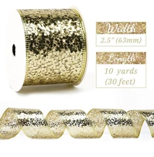 Gold Mesh Wired Ribbon Metallic Sequin 2.5 Inch Width 10 Yards
