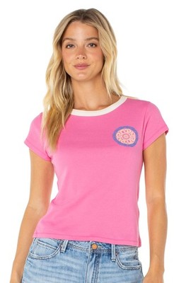 Roxy Surf Life 90's Baby Ringer Women's T-Shirt - Shocking Pink Surf Life - New
