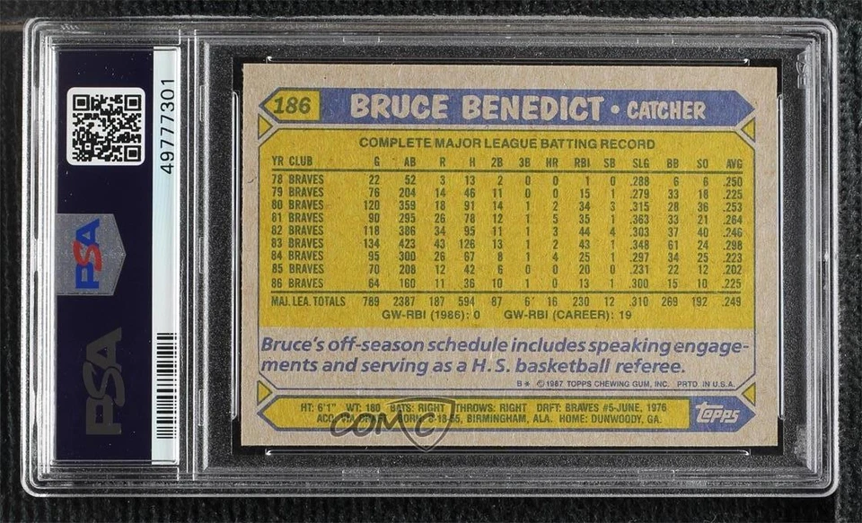 1987 Topps Bruce Benedict #186 PSA 9 MINT - Image 2 of 2