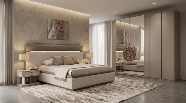Schlafzimmer Set Modern Bett Kleiderschrank Nachttisch Beige Luxus-image