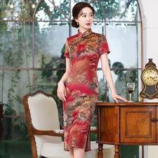 Chinese Style Red Floral Cheongsam Qipao Dress Short Sleeve Elegant Vintage