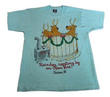 Vtg Hot Cotton Single Stitch 80's Tee Shirt Blue Reindeer Spa Funny L USA Made