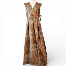 New CHETTA B Black Tie Formal Wedding Brown Floral Satin Jacquard Dress Size 6