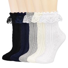 Womens Frilly Socks, Lace Cute Ruffle Socks for Grils 5 Pack