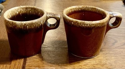 (2) VTG Hull Pottery Coffee Mug Cup Brown Drip Glaze Oven Proof USA