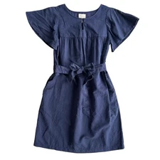 Hope & Henry Women’s 6 Navy Bell Sleeve Linen Cotton Bl Keyhole Dress Belt Waist