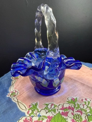 Fenton Hand-Painted Cobalt Blue Artist Signed Glass Basket With Floral Design