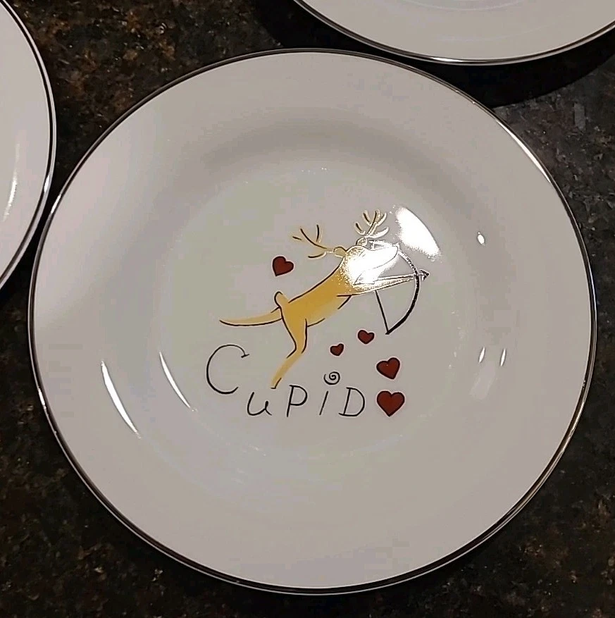 НАБОР (4) салат, десертные тарелки Pottery Barn REINDEER 8 3/8 дюйма. Комета, Амур, Доннер - Изображение 3 из 4