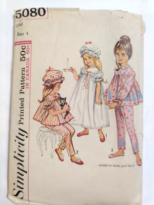 Pajamas Sleep Cap Gown Girls 4 Simplicity 5080 Sewing Pattern Cut VTG Sleep Set