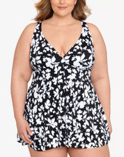 Swim Solutions Plus Printed Tummy-Control Flyaway Swimdress Black Size 20W 3104