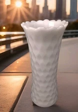 E O Brody Milk White Glass Vase Diamond Pattern 10.5" Tall Made Ohio USA Vintage
