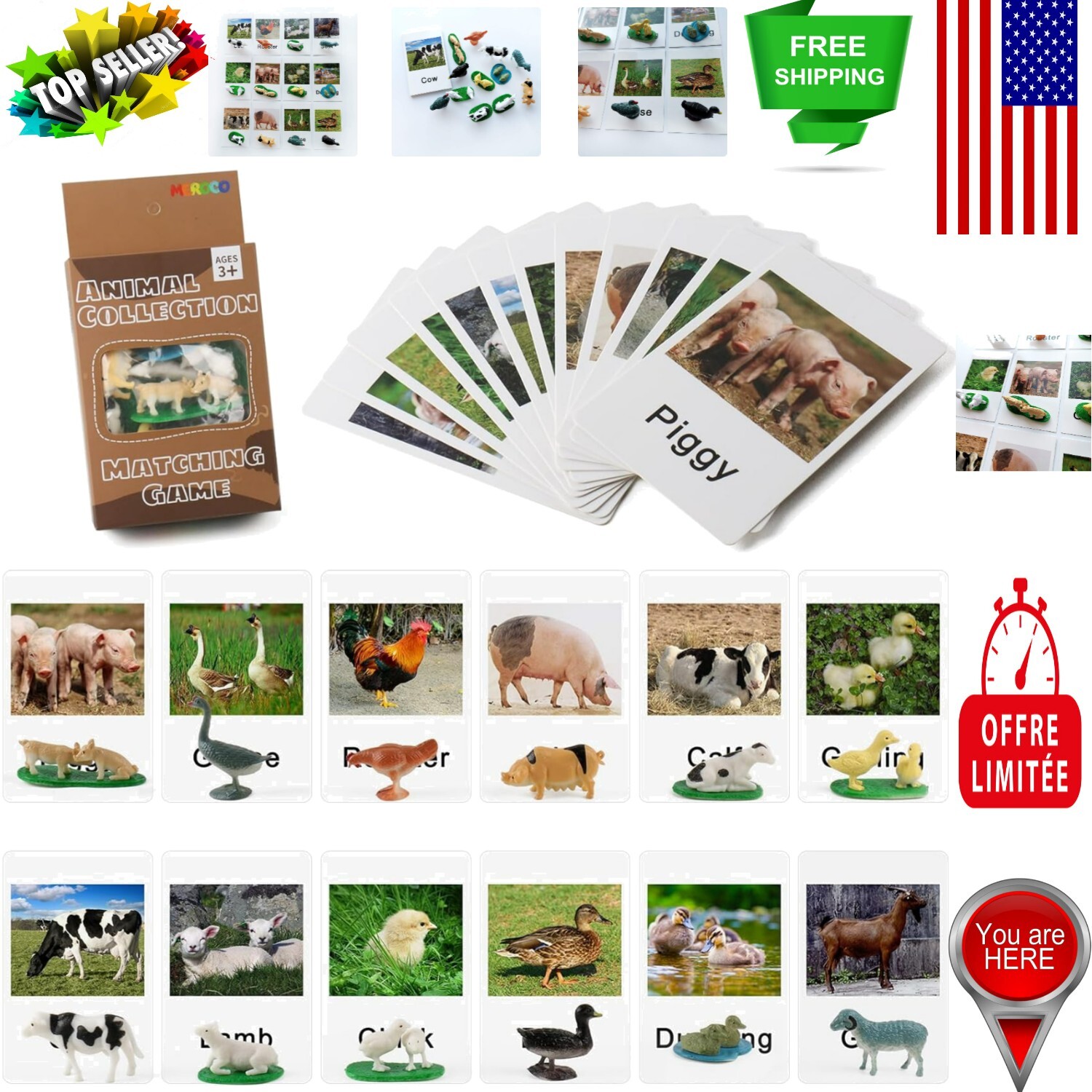 Montessori Farm Animal Matching Cards Set with 12 Figures for Early Learning