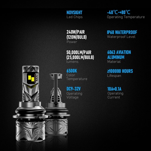NOVSIGHT 9004/HB1 LED Headlight Bulbs Bright 50000LM 6500K High/Low Beam 240W - Picture 9 of 17