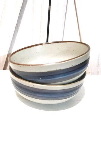 2 VTG Otagiri HORIZON Speckled Stoneware SOUP / CEREAL Bowls 6" Blue Brown Bands