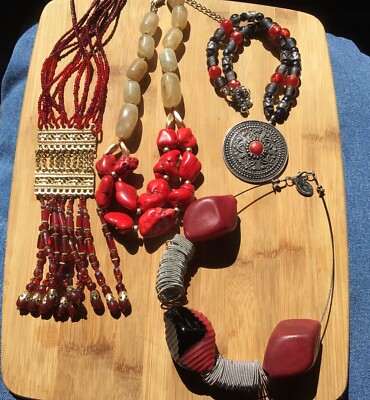 4 Big Bold Red Beaded Chunky Stone Native Tribal Necklaces Bundle Lot - Chico s