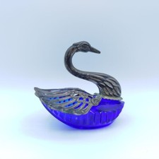 Saliera vintage in argento e vetro blu metà de XX secolo