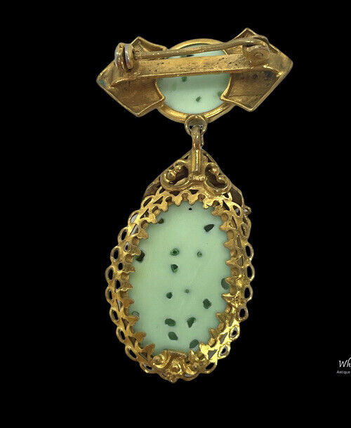 Vintage Carved Green Peking Glass Gold Brass Sett… - image 5