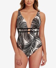 Swim Solutions Black  Tan Palm Plunge One Piece Maillot Size 16 Swimsuit NWT 99