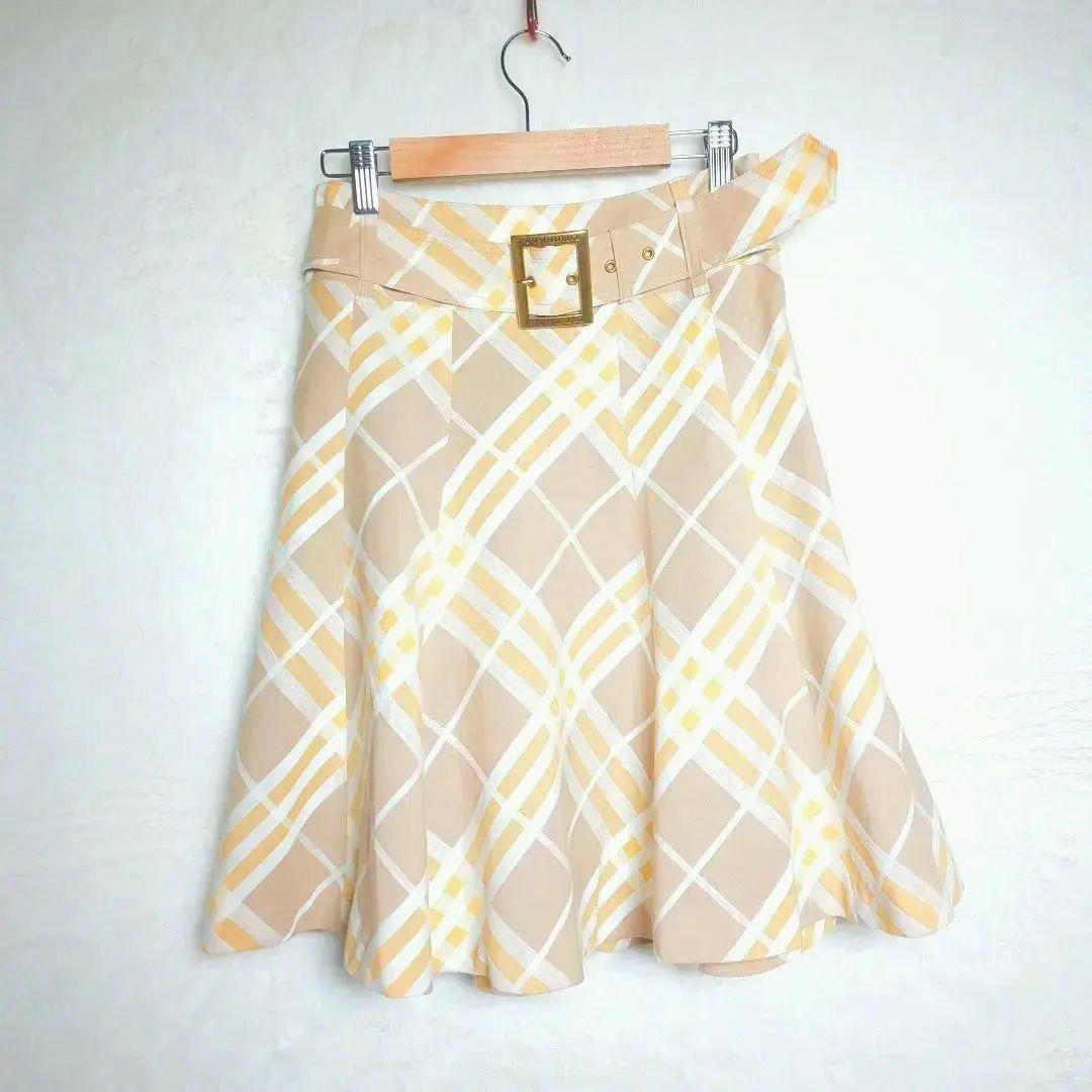 Burberry Blue Label Nova Check Linen Blend Skirt w/ Belt Beige Yellow Size 38